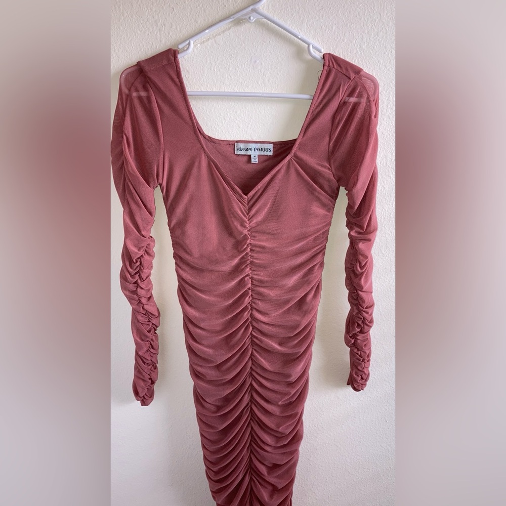 Almost Famous Ruched Bodycon Mesh Dress in Blush - Picture 1 of 10